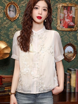 Champagne Embroidered Floral Blouse Shirt