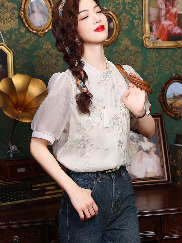 Champagne Embroidered Floral Blouse Shirt