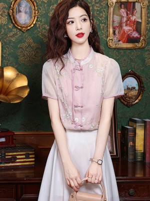 Pink Champagne Embroidered Floral Blouse Shirt