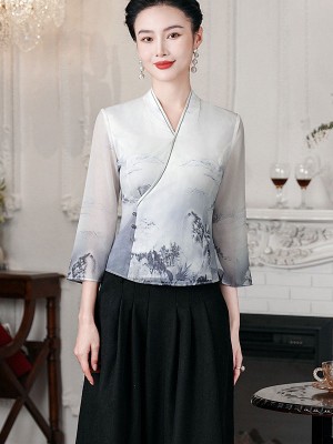 Chinese Painting Print V Neck Cheongsam Blouse Top