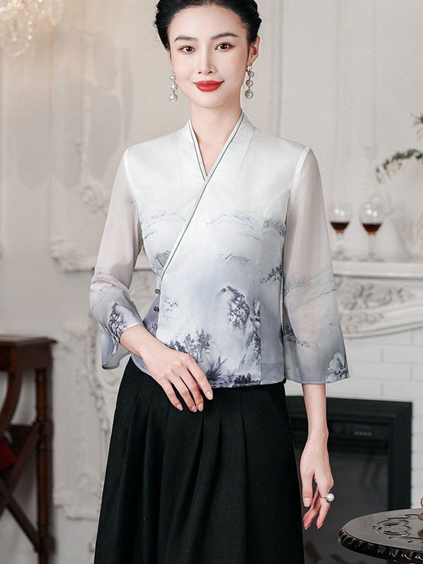 Chinese Painting Print V Neck Cheongsam Blouse Top