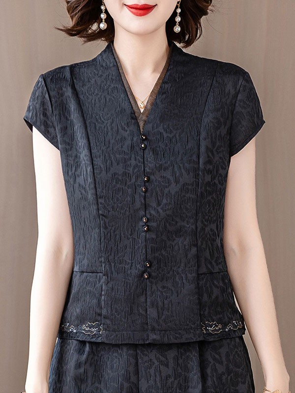Red Black Jacquard Mothers Cheongsam Blouse Top
