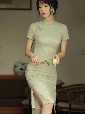 Green Crane Bird Midi Cheongsam Qipao Dress