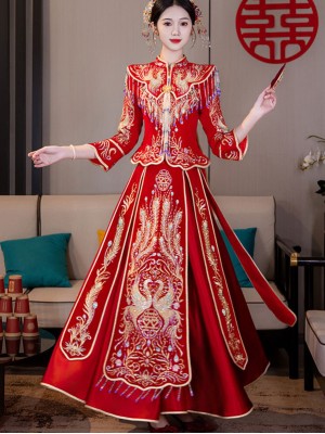 Beaded Embroidered Phoenix Velvet Wedding Bride Qun Kwa Xiu He