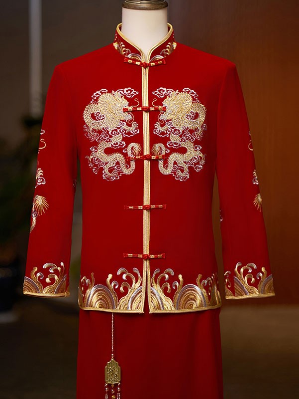 Embroidered Dragon Velvet Man Wedding Qun Kwa Jacket & Skirt