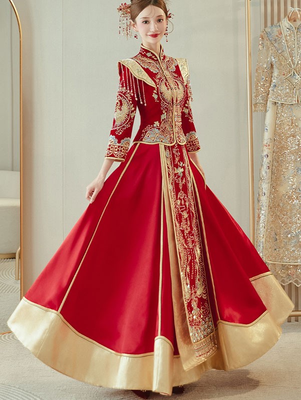 Embroidered Phoenix Velvet Wedding Bride Qun Kwa Xiu He