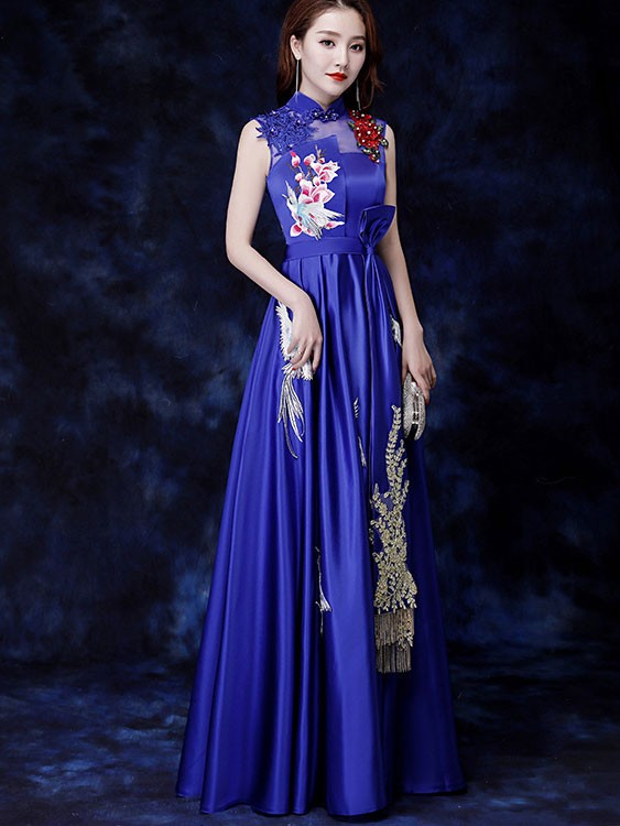 Green Blue Fit & Flare Full Length Qipao Cheongsam Dress
