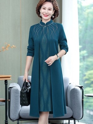 Burgundy Blue Beaded Mothers Winter Cheongsam Dress