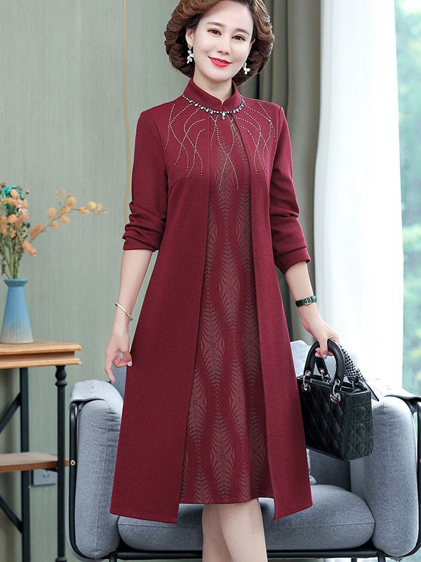 Burgundy Blue Beaded Mothers Winter Cheongsam Dress