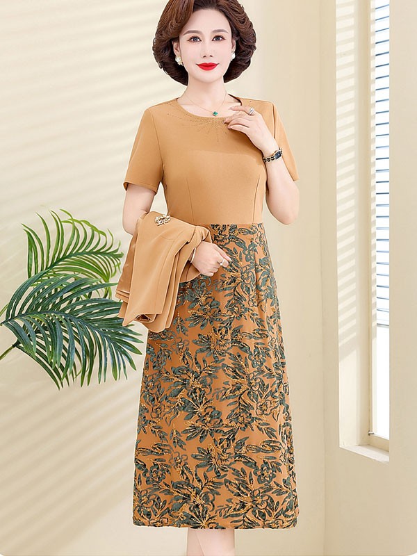 2 Pieces Khaki Floral Velvet Mothers Dress & Top