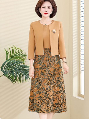 2 Pieces Khaki Floral Velvet Mothers Dress & Top