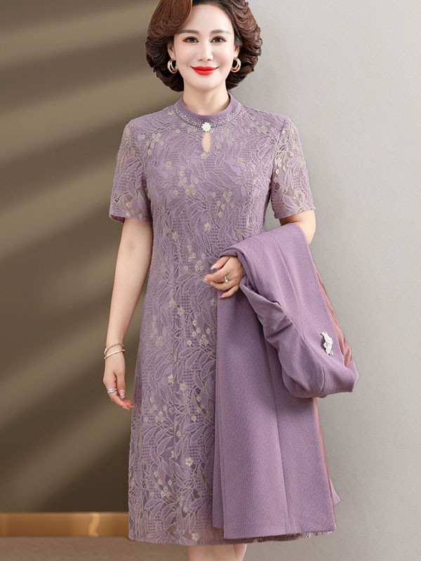 2 Pieces Purple Lace Mothers Cheongsam Dress & Top