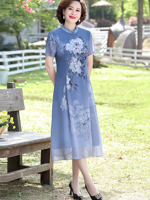 Purple Blue Mothers Floral Qipao Cheongsam Dress
