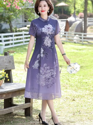 Purple Blue Mothers Floral Qipao Cheongsam Dress