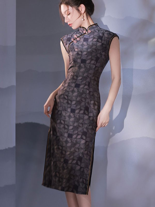 Gray Grid Midi Cheongsam Qipao Dress