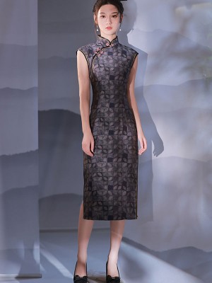 Gray Grid Midi Cheongsam Qipao Dress