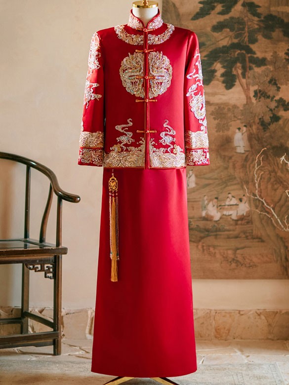 Sequined Embroidered Men Wedding Qun Kwa Jacket & Skirt