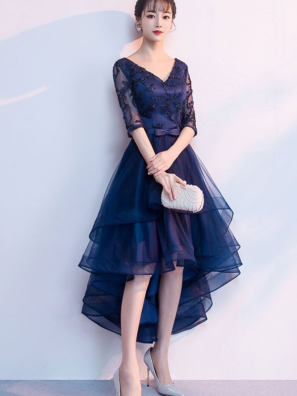 Blue High Low V-neck Formal Dress Clearance