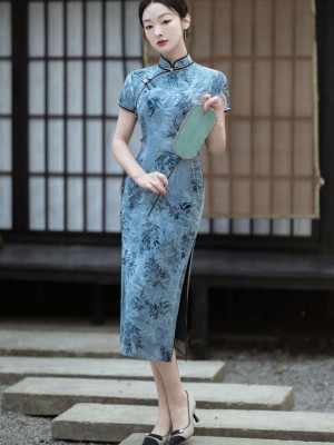 Gray Floral Print Midi Cheongsam Qipao Dress