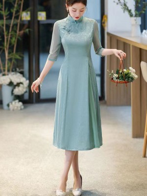 Green Blue Floral A-Line Mothers Cheongsam Qipao Dress