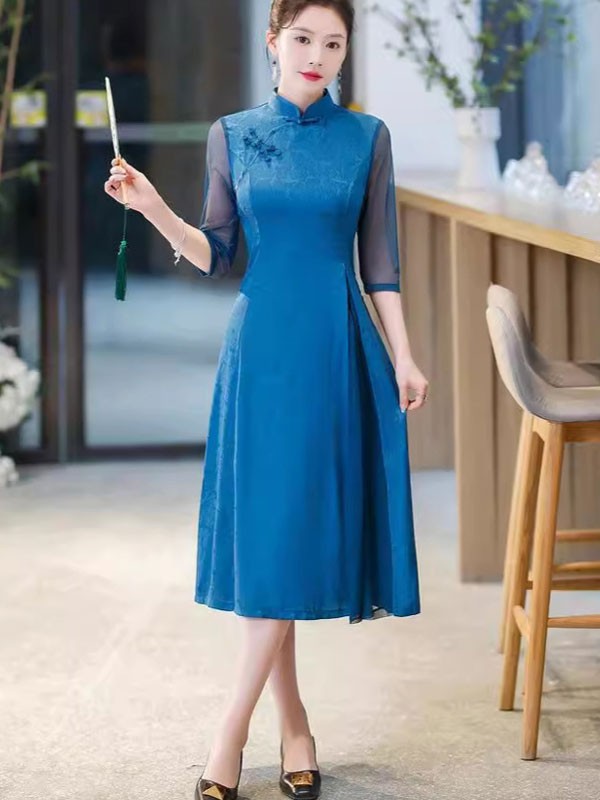 Green Blue Floral A-Line Mothers Cheongsam Qipao Dress