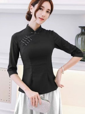 Black Half Sleeve Cheongsam Blouse Top Clearance