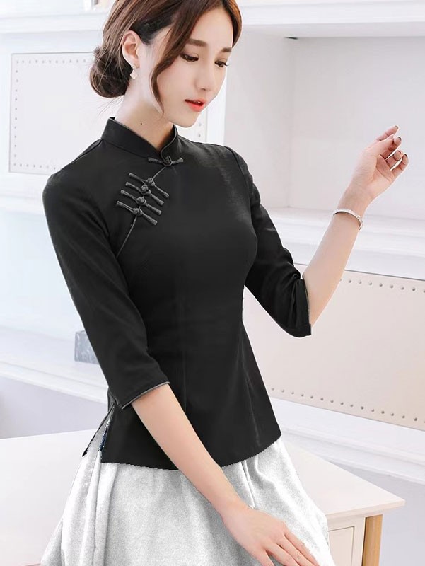 Black Half Sleeve Cheongsam Blouse Top Clearance
