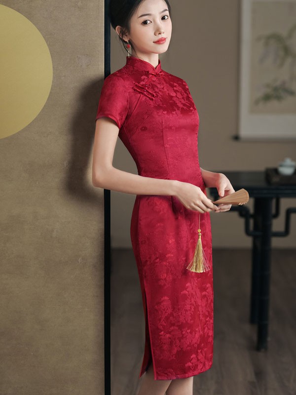 Red Jacquard Mothers Silk Cheongsam Qipao Dress