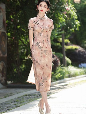 Pink Green Floral Cheongsam Qipao Dress