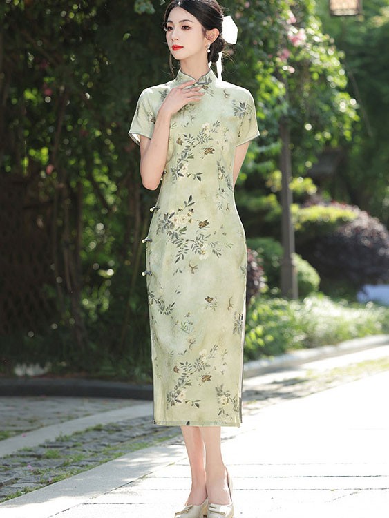 Pink Green Floral Cheongsam Qipao Dress