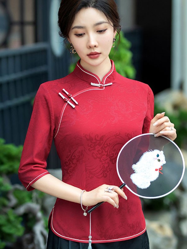Black Embroidered Mothers Cheongsam Blouse Top