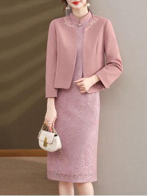 2 Pieces Pink Mothers Lace Cheongsam Dress & Jacket