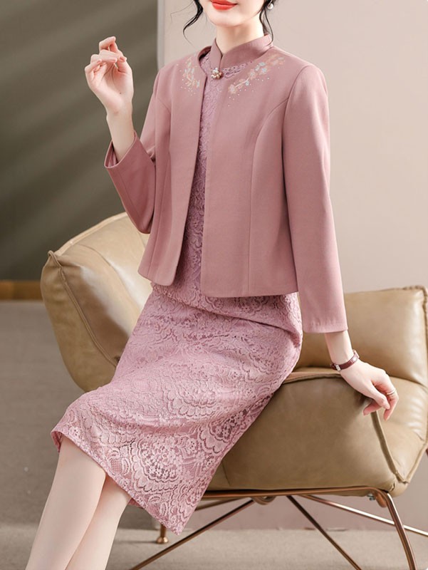 2 Pieces Pink Mothers Lace Cheongsam Dress & Jacket