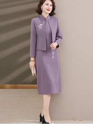 2 Pieces Purple Mothers Embroidered Winter Cheongsam Dress & Jacket