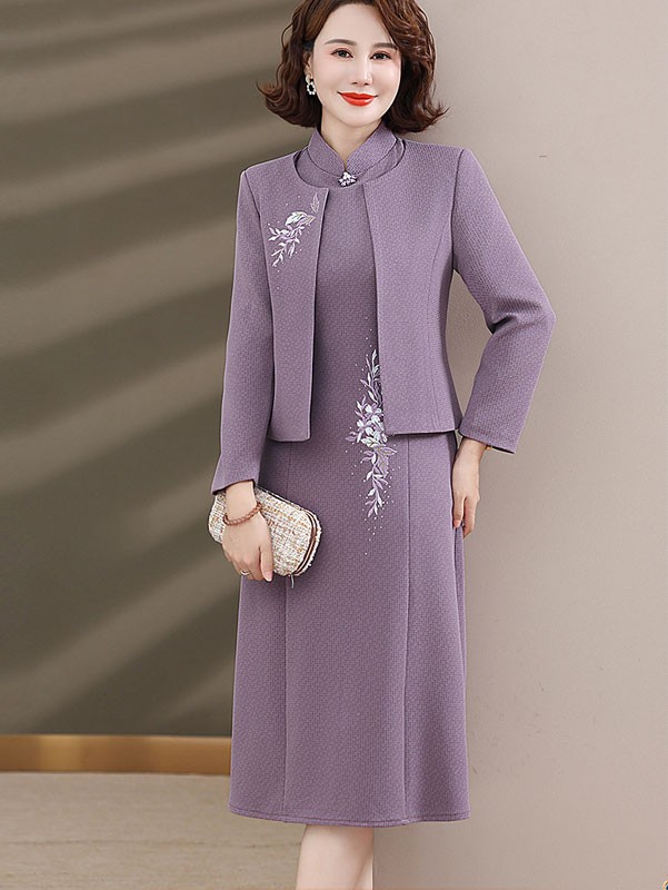 2 Pieces Purple Mothers Embroidered Winter Cheongsam Dress & Jacket