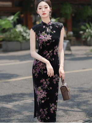 Black Floral Velvet Sleeveless Cheongsam Qipao Dress