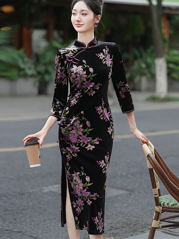 Floral Print Velvet Mothers Cheongsam Qipao Dress