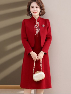 2 Pieces Red Bridal Mothers Embroidered Cheongsam Dress & Jacket