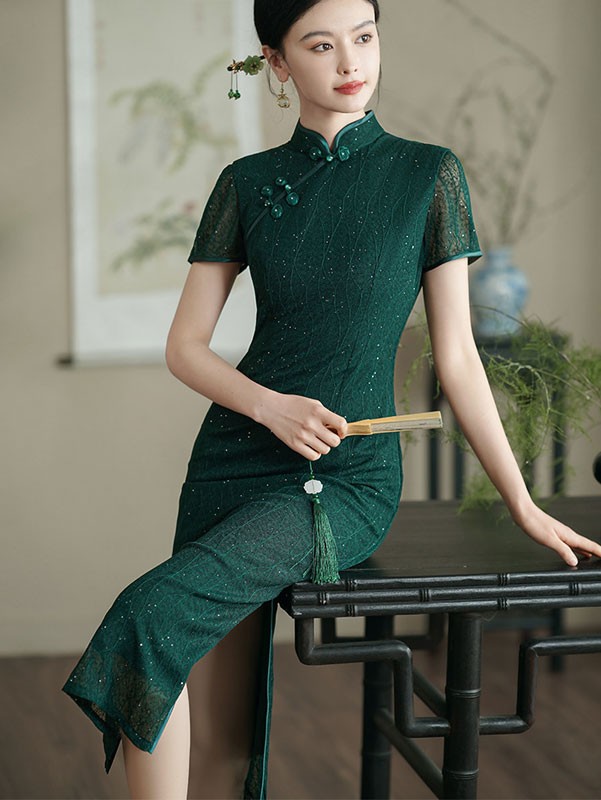 Shimmery Dark Green Cheongsam Qipao Dress