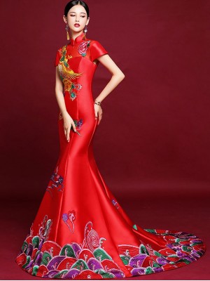 Custom Made Trumpet Mermaid Train Back Qipao Cheongsam Dress