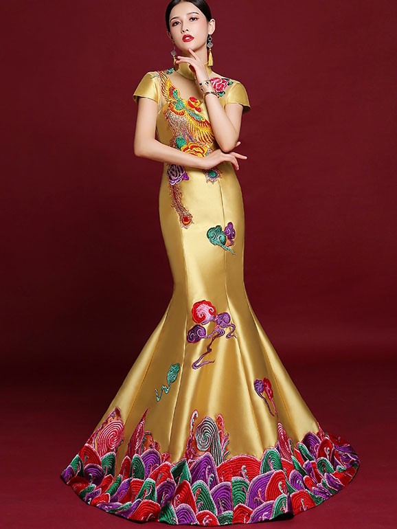 Custom Made Trumpet Mermaid Train Back Qipao Cheongsam Dress