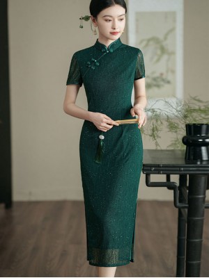 Shimmery Dark Green Lace Cheongsam Qipao Dress