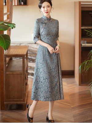 Blue Jacquard Half Sleeve A-Line Cheongsam Dress