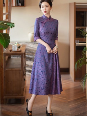 Purple Pink Jacquard Half Sleeve A-Line Cheongsam Dress
