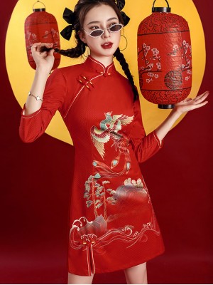 Red Phoenix Print Long Sleeve Cheongsam Qipao Dress
