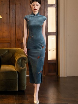 Blue Floral Velvet Cheongsam Qipao Dress