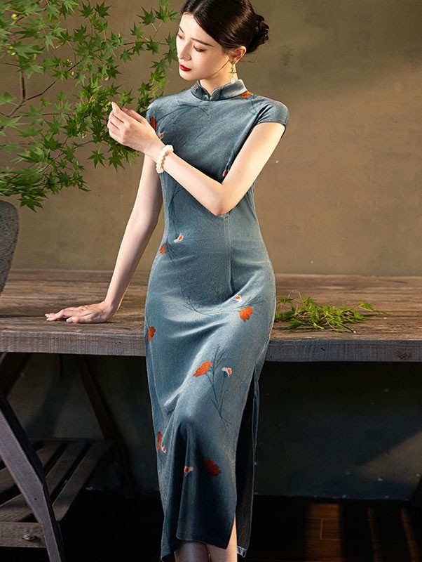 Blue Floral Velvet Cheongsam Qipao Dress
