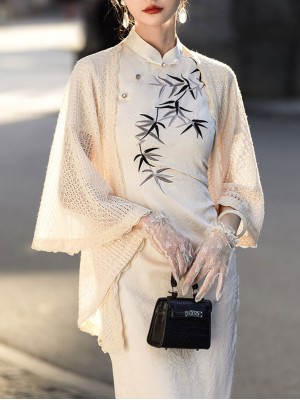 Beige Crochet Knit Cheongsam Wrap Shawl