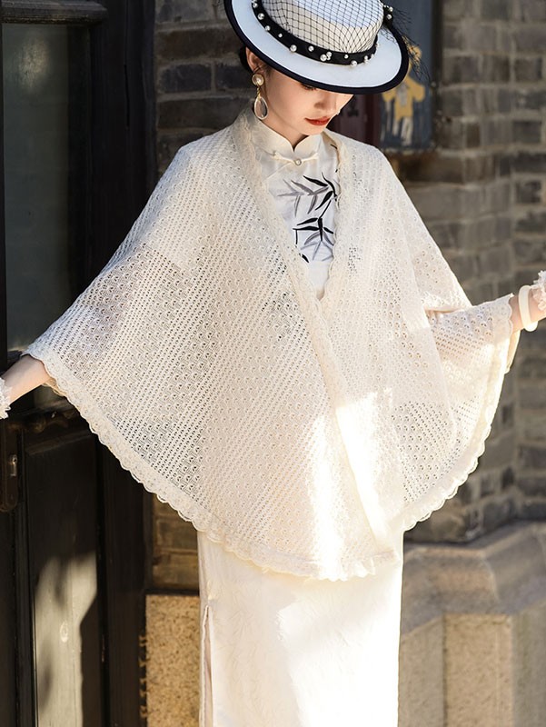 Beige Crochet Knit Cheongsam Wrap Shawl