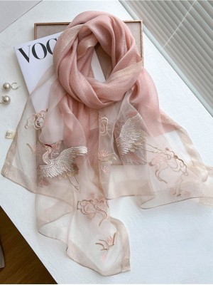 Embroidered Crane Bird Mulberry Silk Women Scarf Shawl
